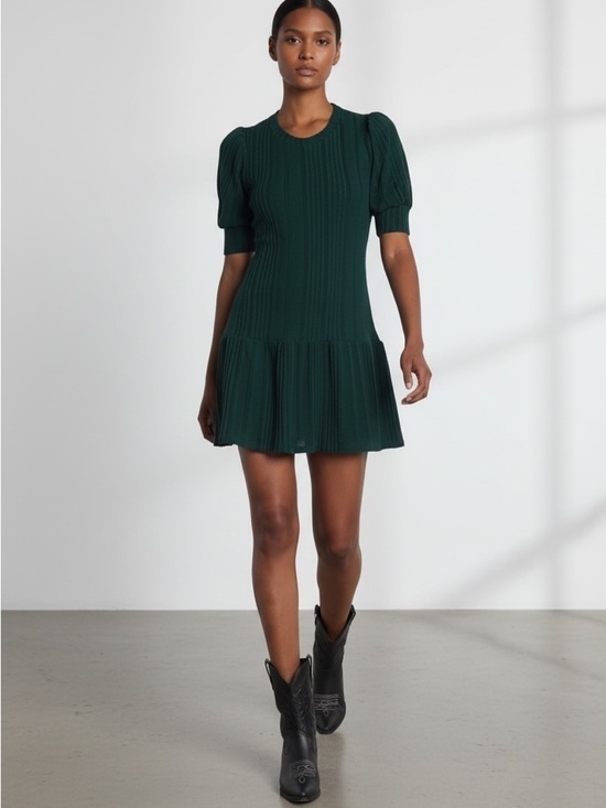Dresses & Skirts - Women’s Dark Green Knit Puff-Sleeve Drop-Waist Dress